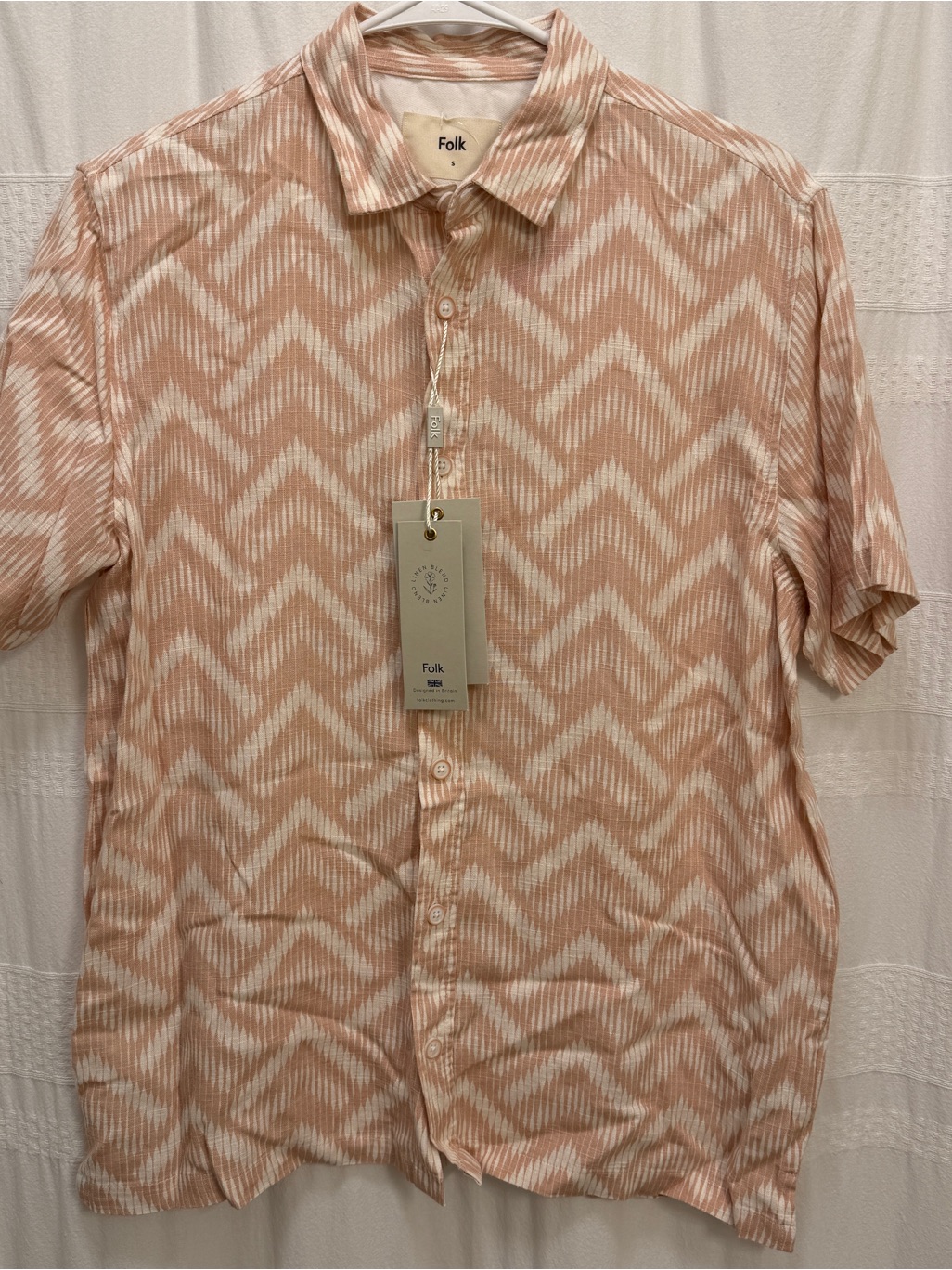Nwt Folk Arrow Short Sleeve Shirt Buttondown Pink Mens Small Linen Viscose Blend